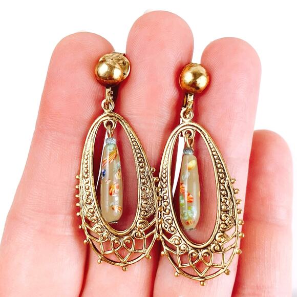 Vintage Mid Century Clip On Earrings Millefiori Art Glass Filigree Gold Tone - Picture 2 of 9